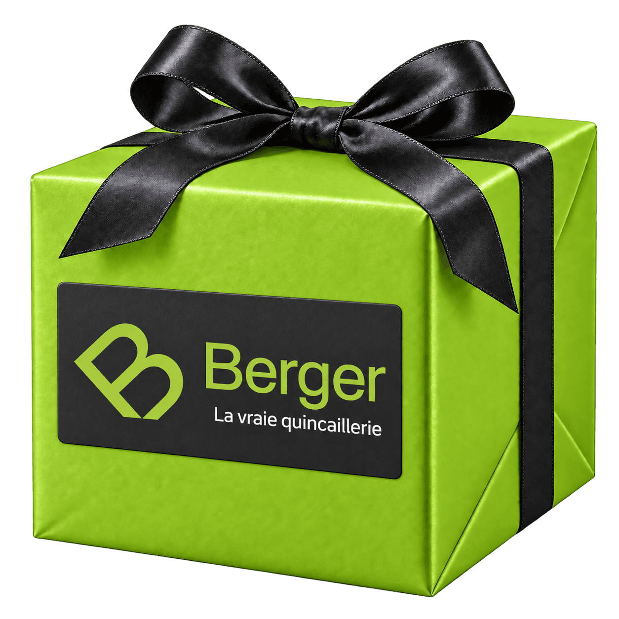 Cadeau mystère vert avec le logo GH Berger sur une étiquette anthracite et un ruban noir